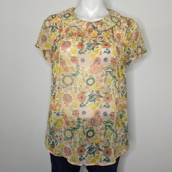✨3/$15 Modcloth yellow orange buttercup floral peter pan collar blouse M - Picture 1 of 7